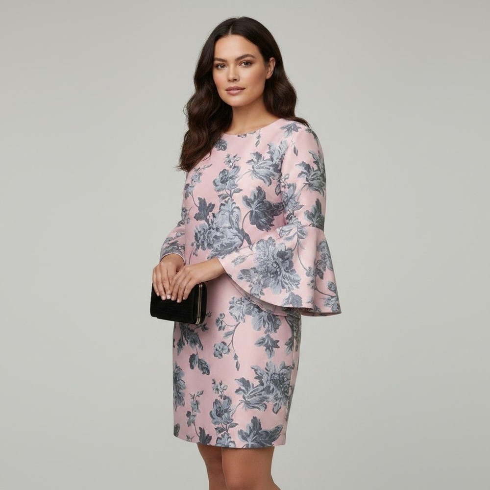 Belle Badgley Mischka Pink Floral Jacquard Bell Sleeve Sheath Dress Size 12 NWT